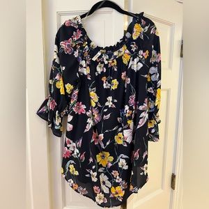 Emerald Women’s Blouse in Navy with yellow, pink & white floral pattern Size 1X